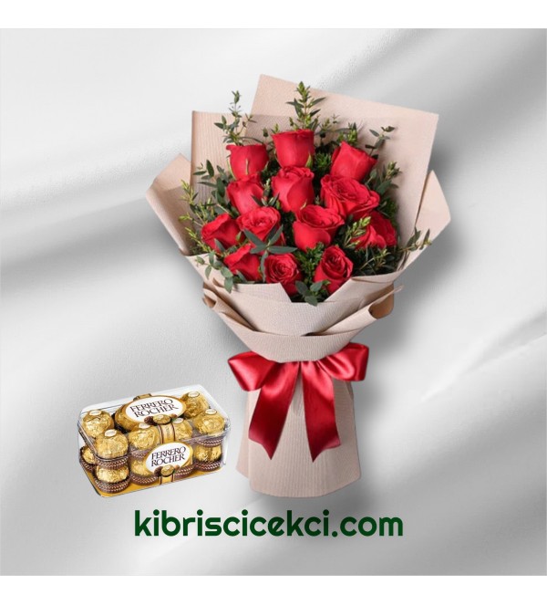 13 Kırmızı Gül Buketi 16'lı Ferrero Çikolata